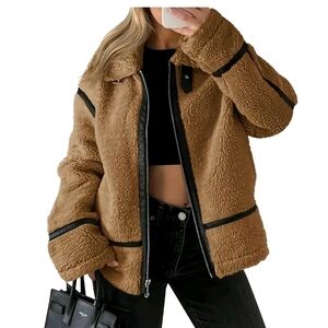 Super Warm Tik Tok Famous Teddy Sherpa Jacket with Faux Leather Trim Size M